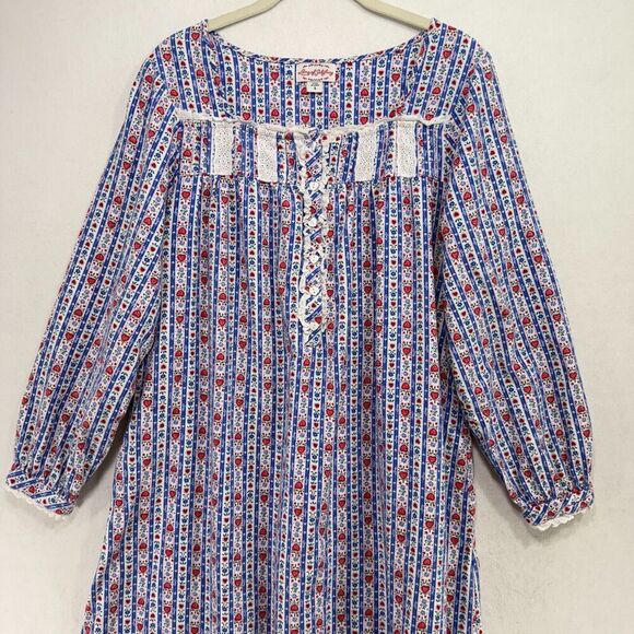 Lanz of Salzburg Nightgown S Blue Tyrolean Stripes Flannel Long Cottagecore Soft - Picture 4 of 11